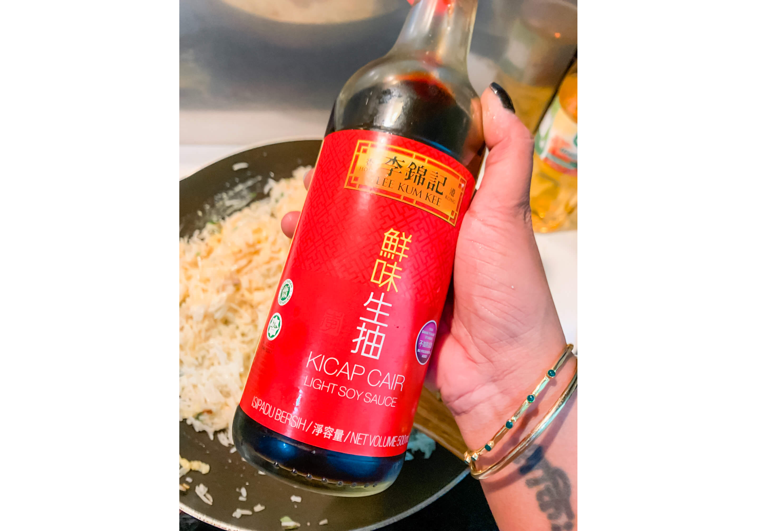 A large bottle of light soy sauce.