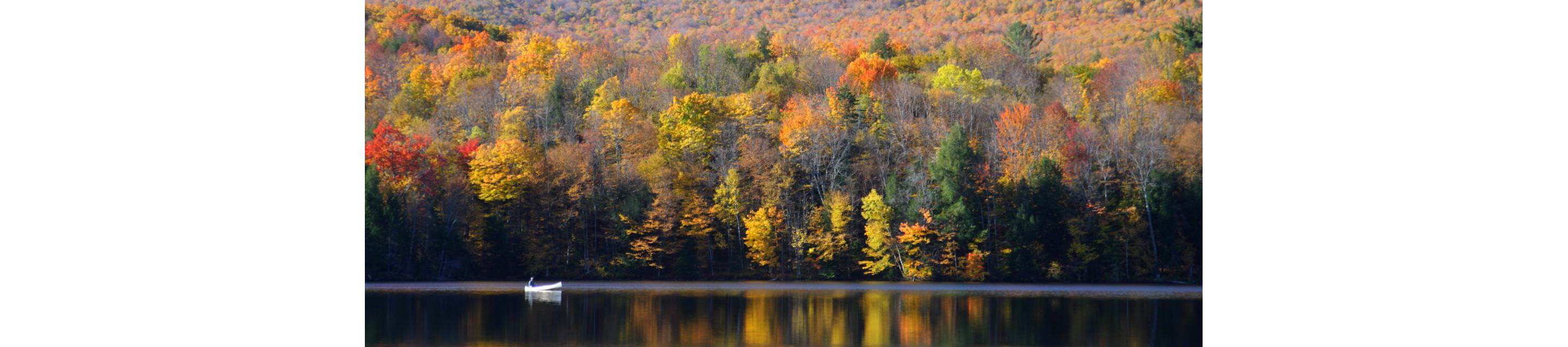 A wide shot of an autumn forest resting beyond a calm lake with a single row boat and passenger.
