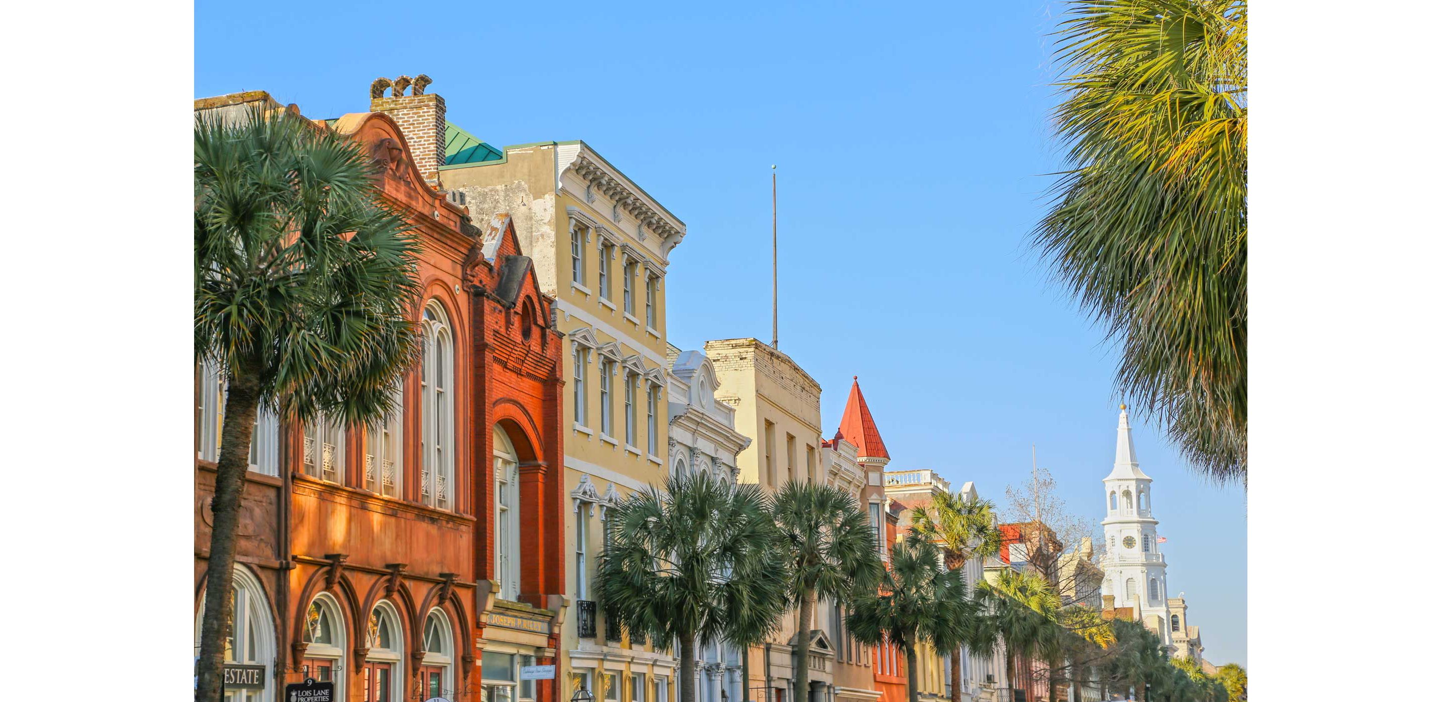 A colorful view of Charleston's historic buildings and lively palm trees.