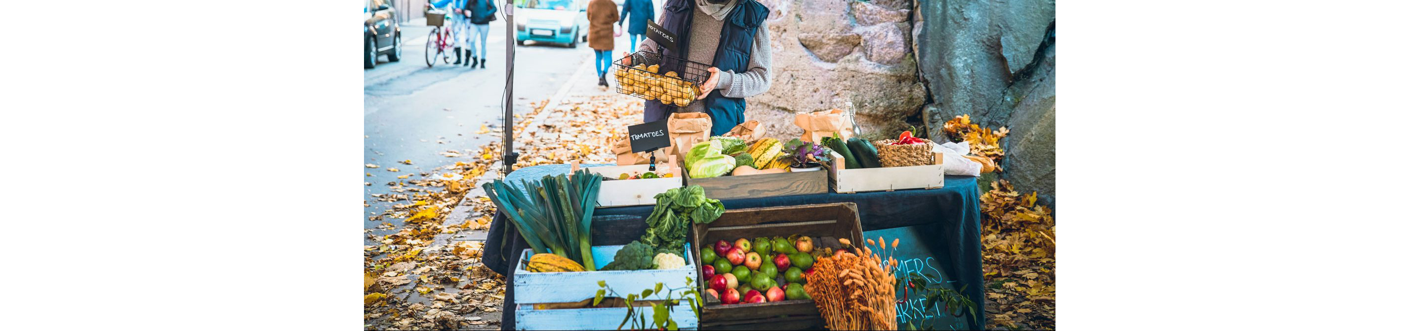 A person arranging a vegetable stand filled with organic vegetables.