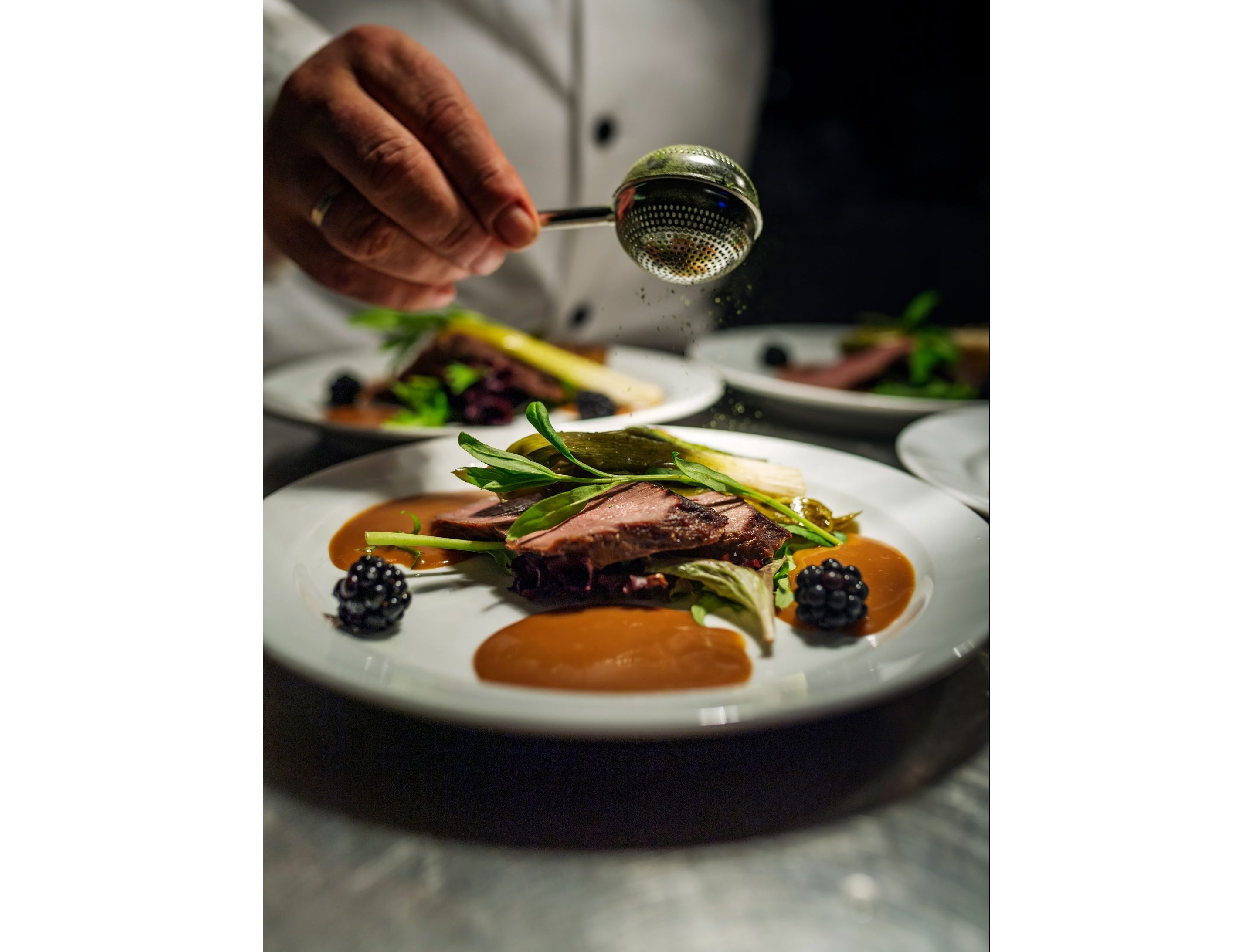 A white plate holding roasted venison with blackberry sauce.