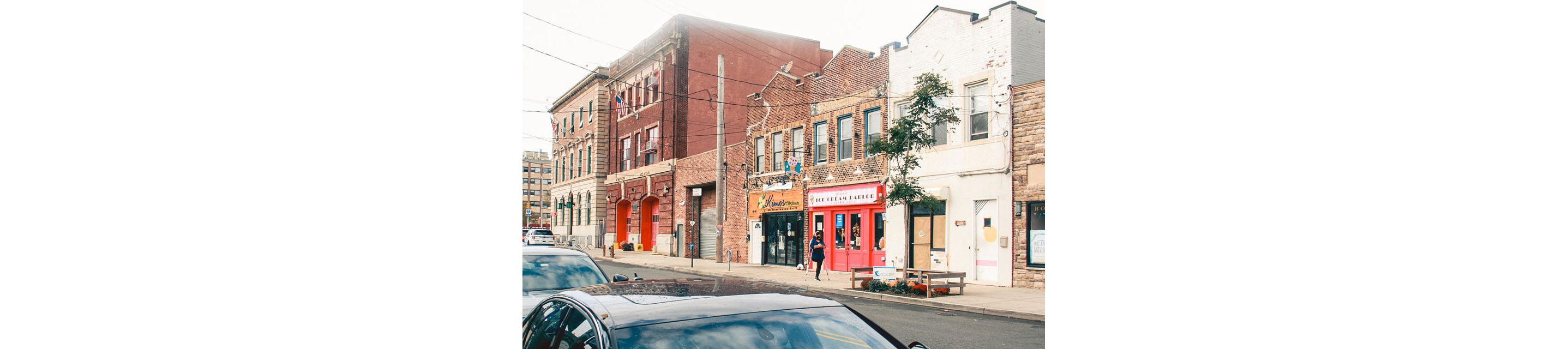 Older brick buildings in a downtown.