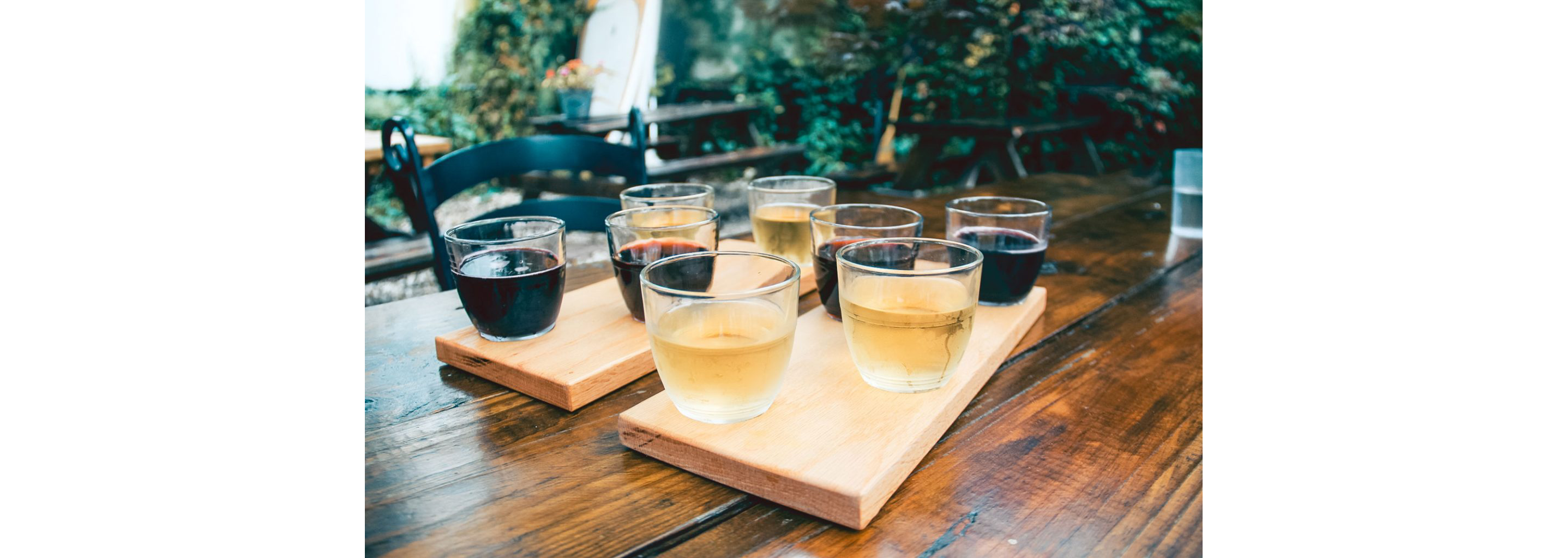 Multiple glasses of wine in a sampler.