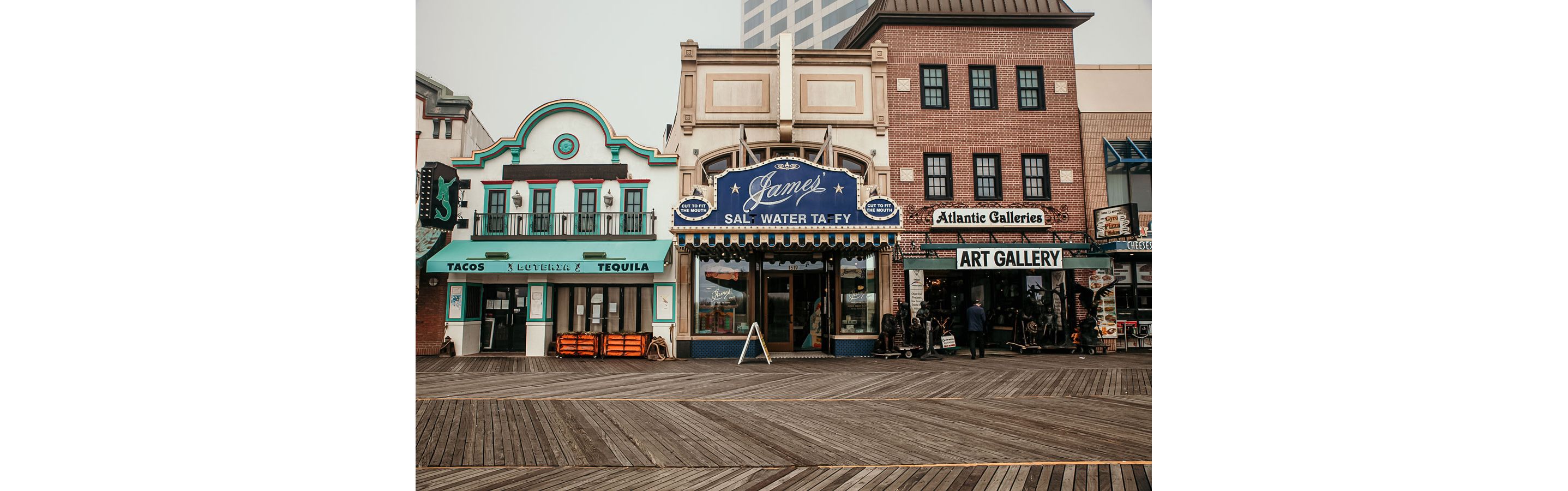 The colorful shops and restaurants of the boardwalk.