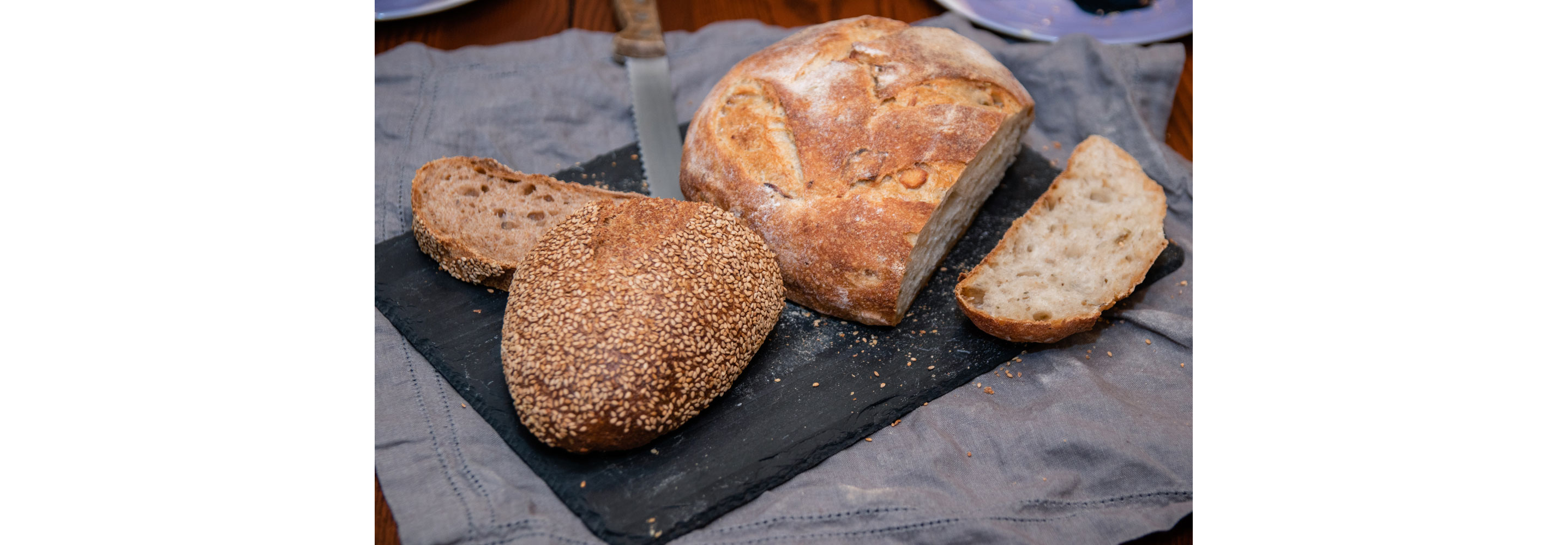 Slices of bread cut off from large loaves.