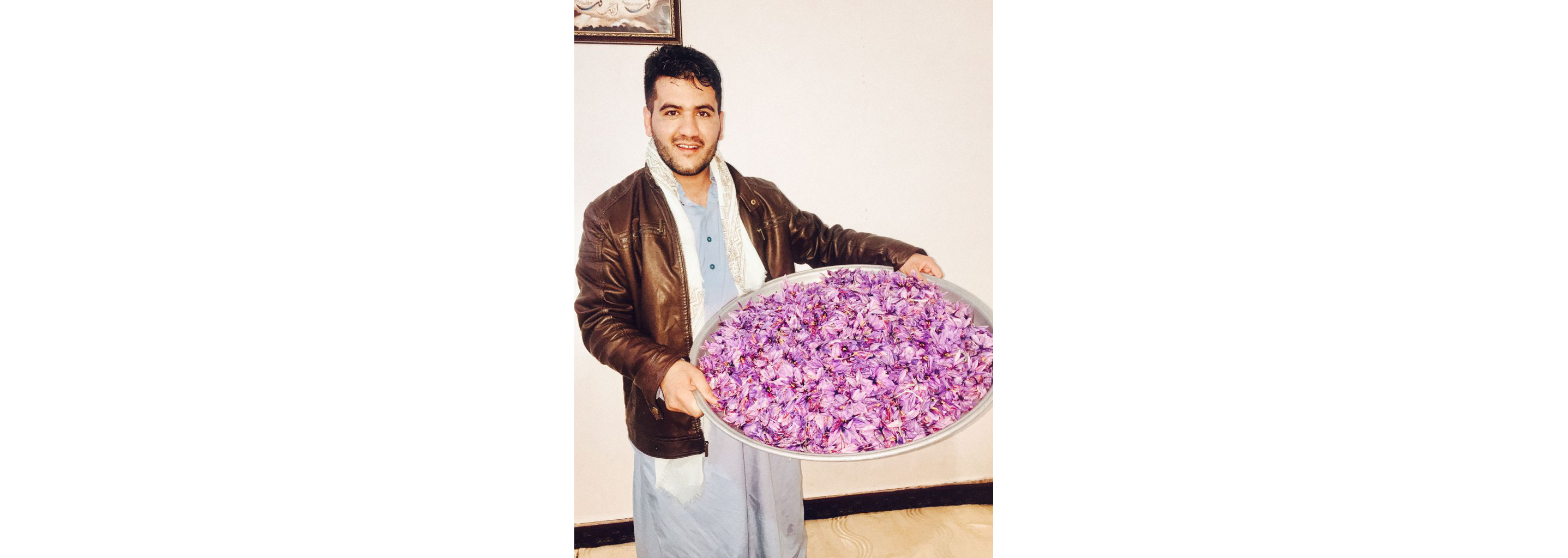 Mohammad Salehi holding a large bowl of Crocus Satvis flowers.