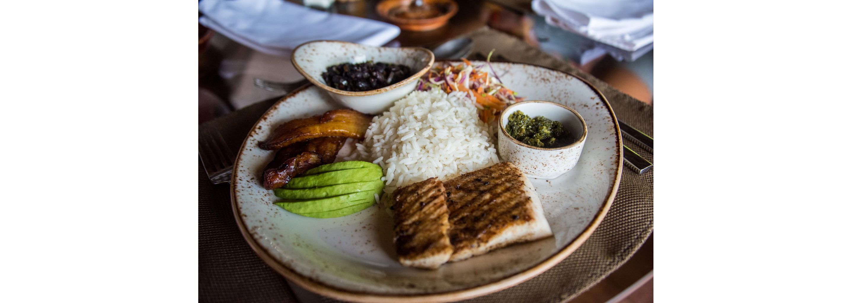 A full plate of casado, a popular Caribbean dish.