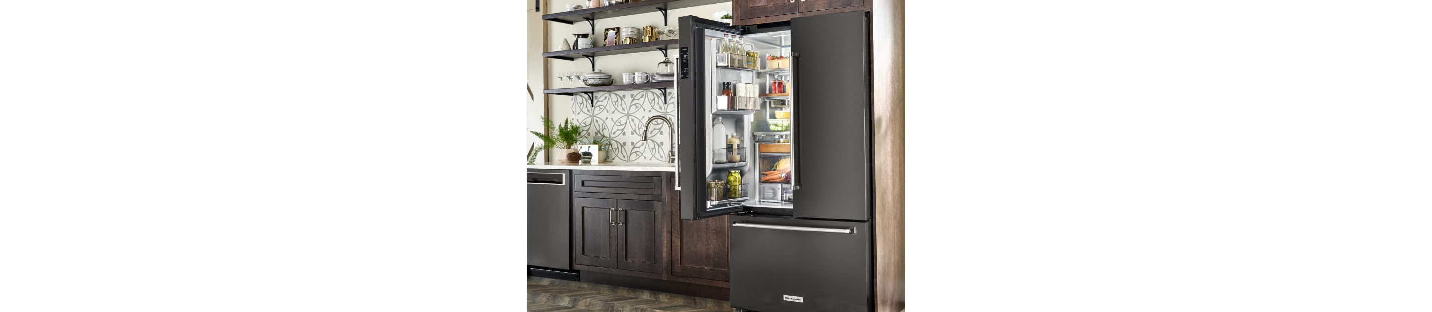 An open and organized KitchenAid® French Door Refrigerator