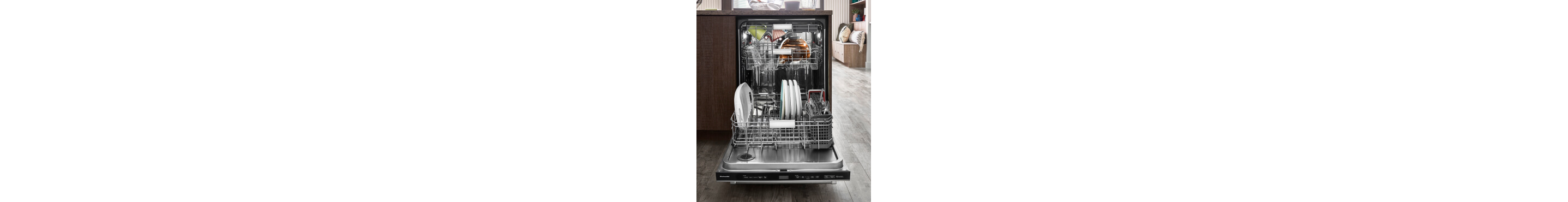 Open dishwasher filled with dishes