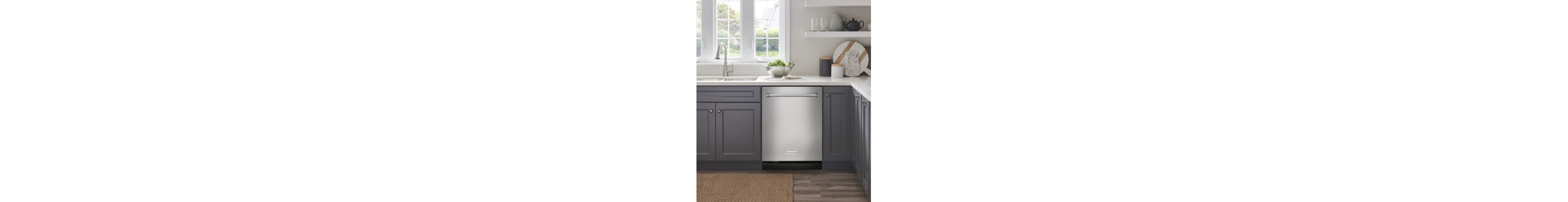 A built-in KitchenAid® dishwasher in a kitchen with gray cabinets