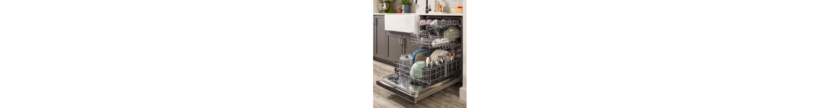 An open dishwasher with dishes inside