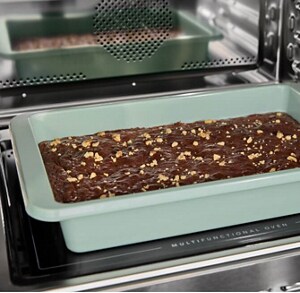 Brownies in a pan on a baking rack