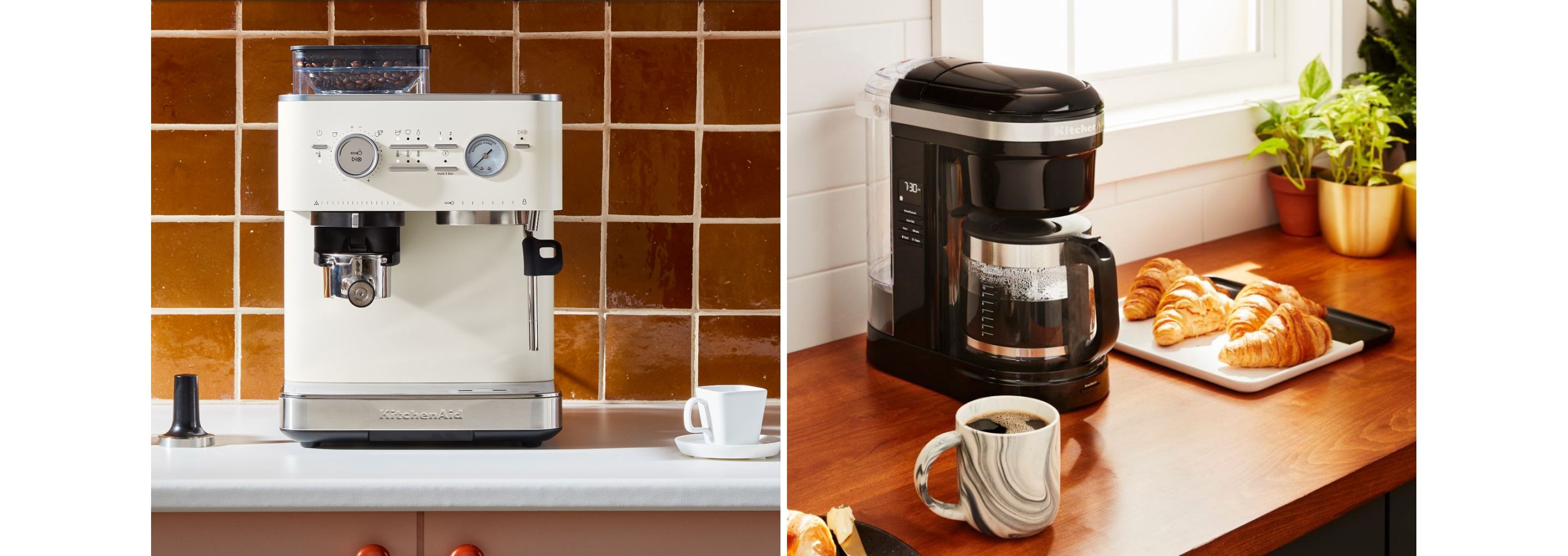 Side-by-side images of a KitchenAid® espresso maker and drip coffee maker