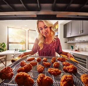 A woman holds a metal air fryer basket full of breaded pieces of chicken