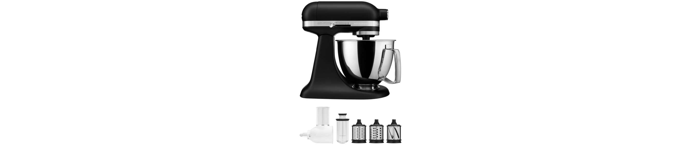 A black KitchenAid® stand mixer.