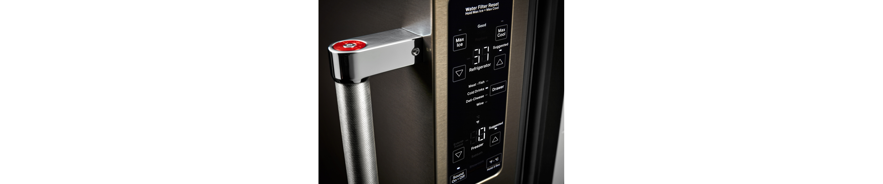 A closeup of the control panel of a KitchenAid® refrigerator.