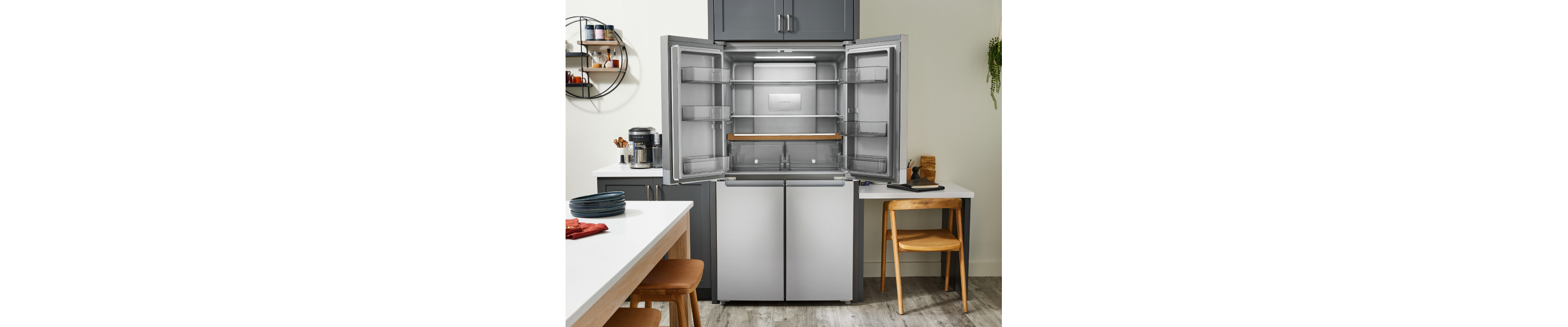 A KitchenAid® refrigerator in a modern kitchen.