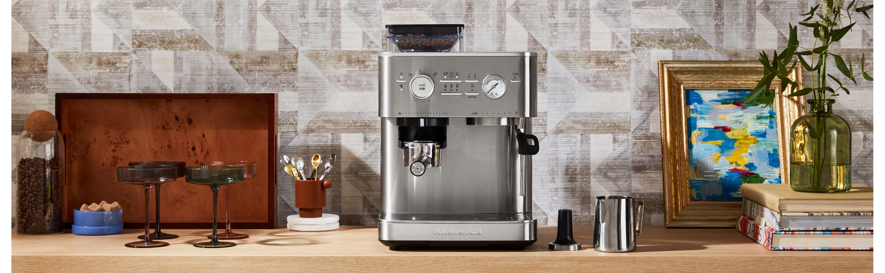 KitchenAid® Semi Automatic Espresso Machine on a coffee bar