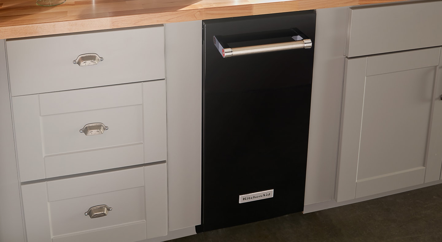 A black KitchenAidÂŽ ice maker