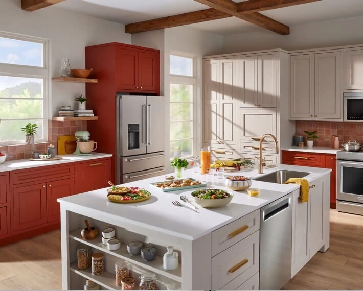 A large kitchen island with a sink and dishwasher installed and shelving on the end