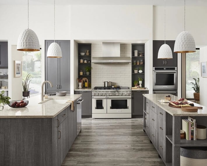 A spacious kitchen with two islands