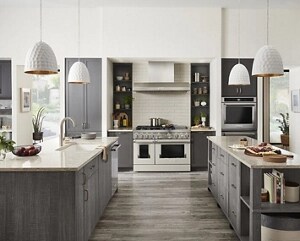 A spacious kitchen with two islands