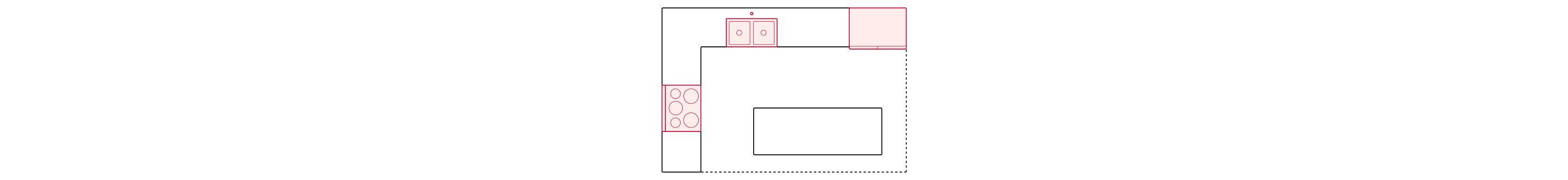 A graphic of an L-shaped kitchen with an island