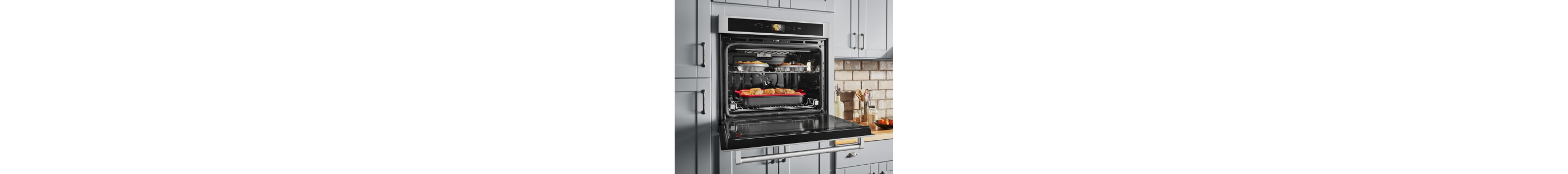 A single wall oven with the oven door open, showing items cooking on both racks