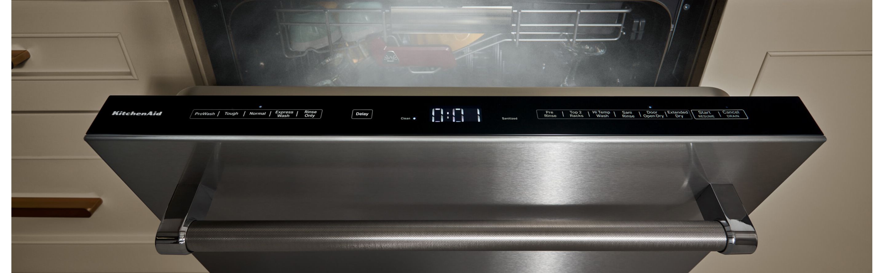 Dishwasher open with steam coming out