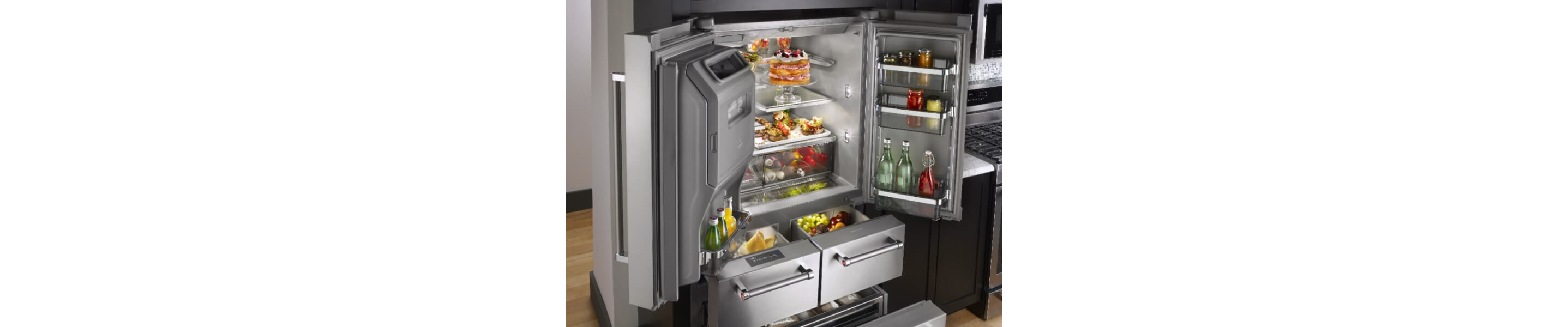 KitchenAid® multi-door refrigerator with all doors and drawers open
