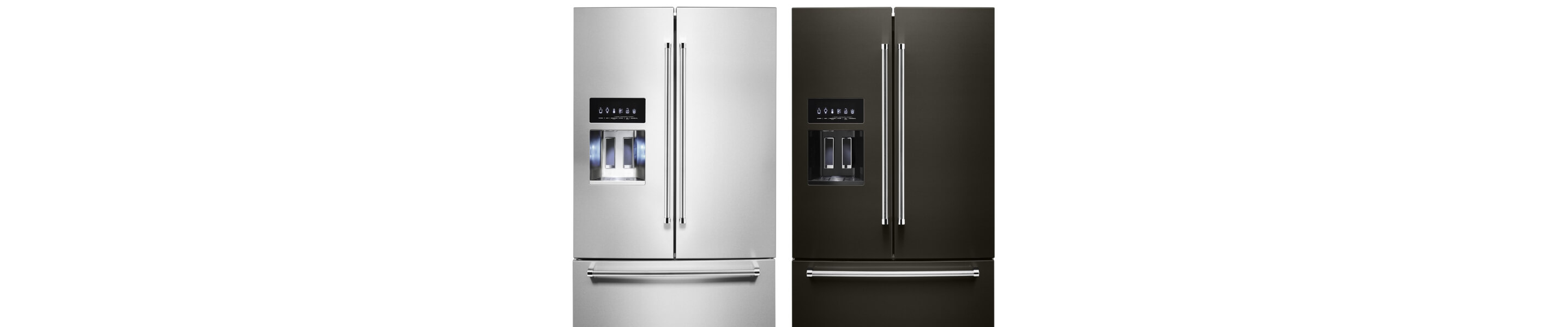 Side-by-side image of stainless steel and black stainless KitchenAid® French door refrigerators