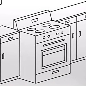 A stove in between two cabinets