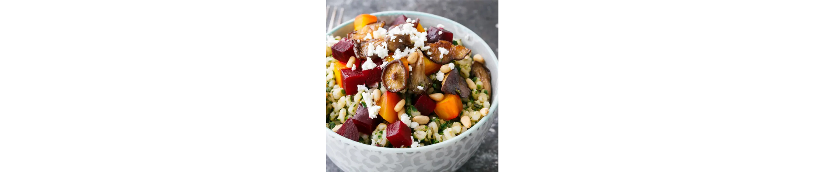 Grain-based bowl with beets and mushrooms.