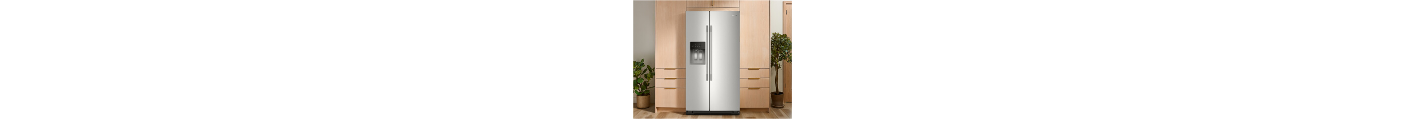 A KitchenAid® refrigerator surrounded by brown cabinetry