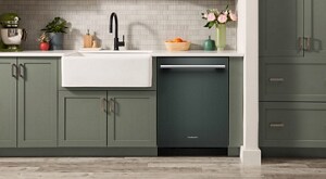 A closeup of a kitchen sink and dishwasher in a modern kitchen