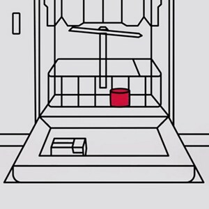 An icon of an open dishwasher with a cup in the bottom rack