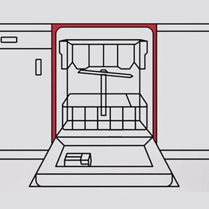 An icon of an open dishwasher with its perimeter highlighted
