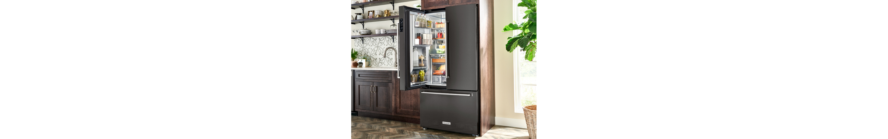 Black stainless, KitchenAid® French-door refrigerator with one open door
