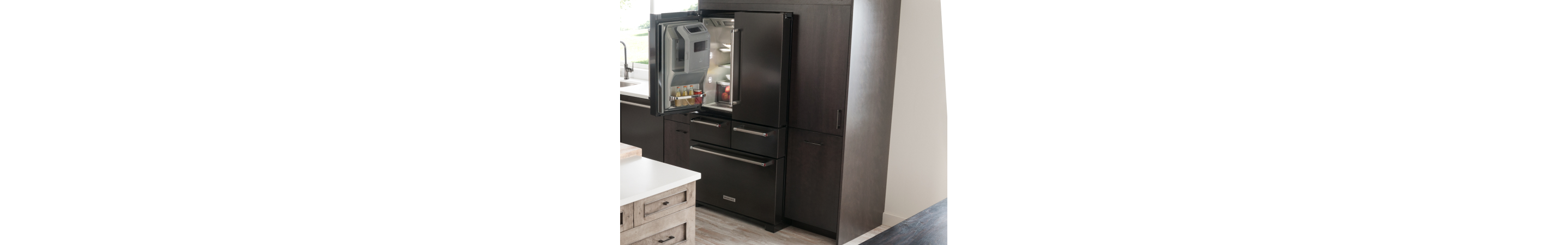 Built-in, KitchenAid® multi-door refrigerator with one door open