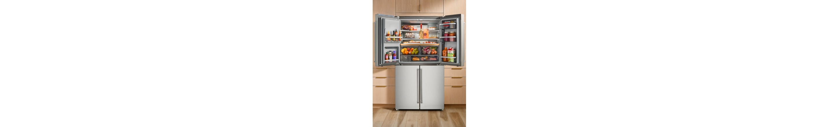 Open four door refrigerator filled with groceries