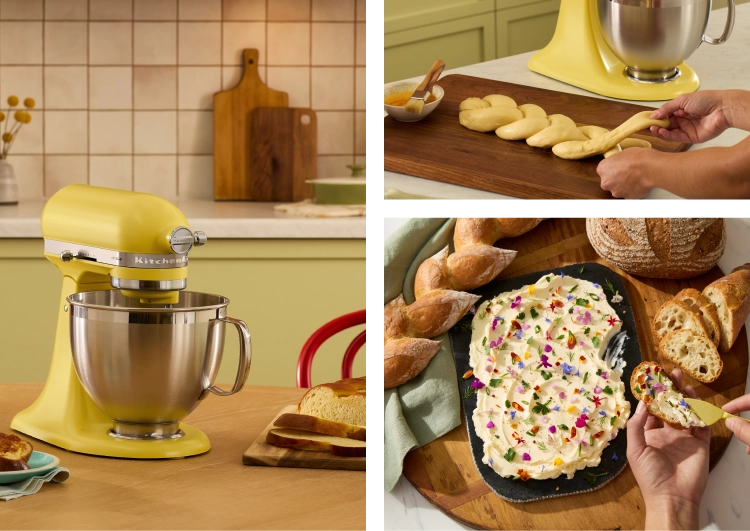 A collage of images of the 2025 Color of the Year Stand Mixer and various butter-based recipes.