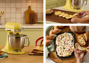 A collage of images of the 2025 Color of the Year Stand Mixer and various butter-based recipes.