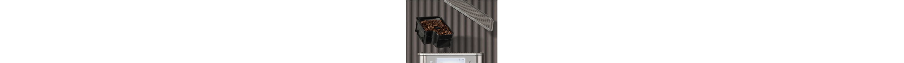 A bean hopper hovering above an espresso machine