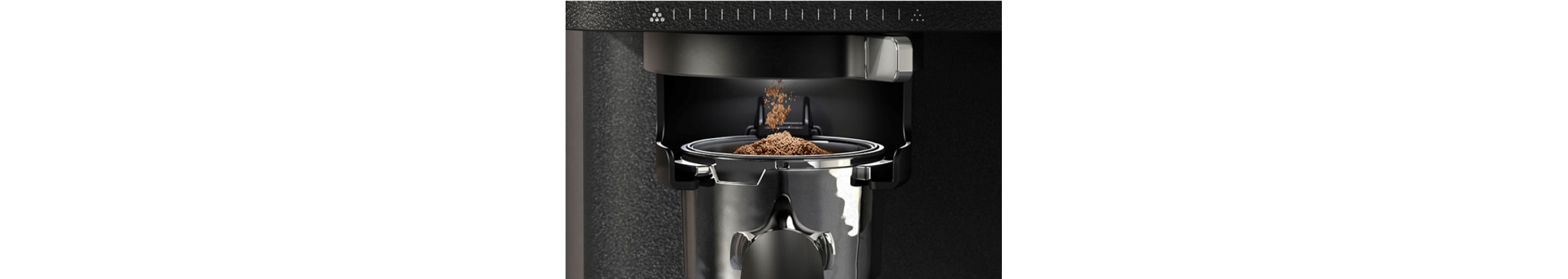 Close-up image of a portafilter with ground coffee inside of it