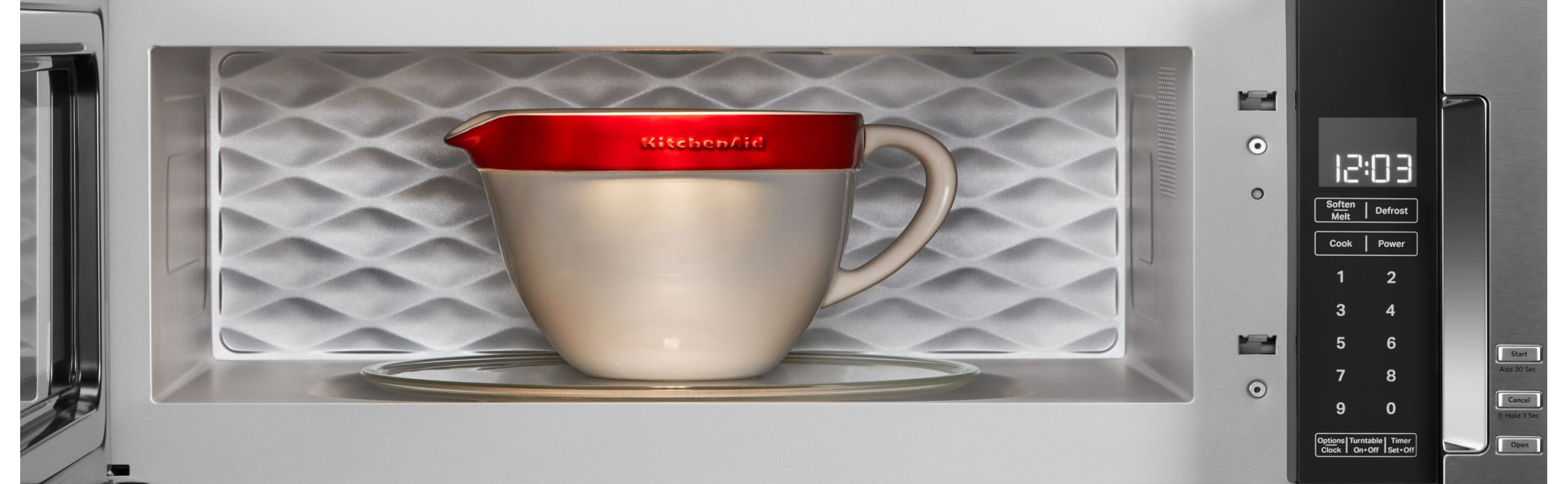KitchenAid brand dishware inside a KitchenAid® low profile microwave
