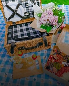 A picnic with various foods and drinks.