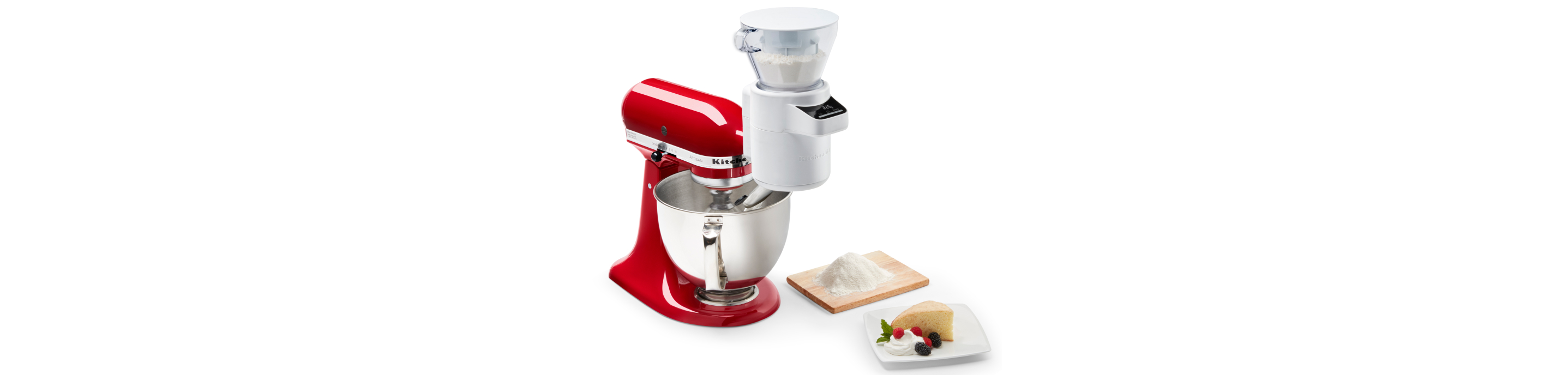 Red KitchenAid® stand mixer with the Sifter + Scale Attachment
