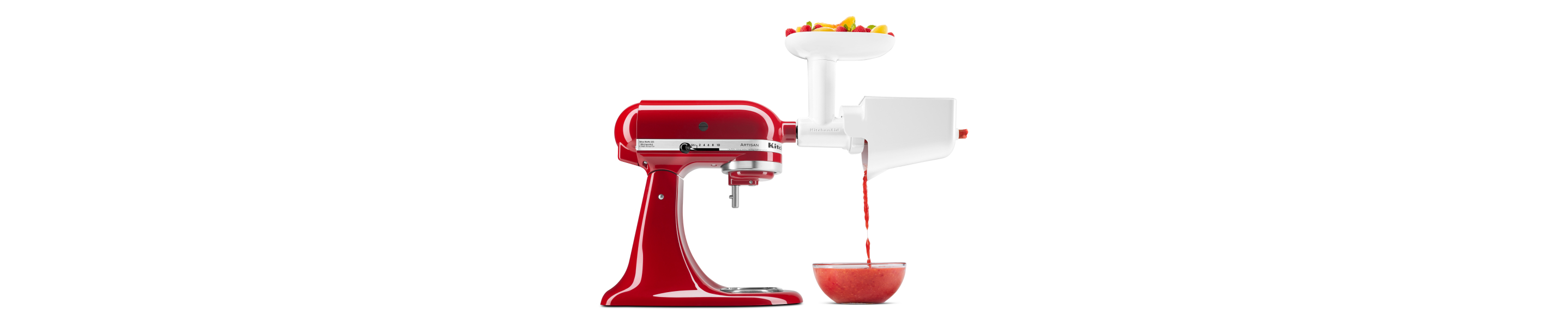 Red KitchenAid® stand mixer with Fruit and Vegetable Strainer Attachment