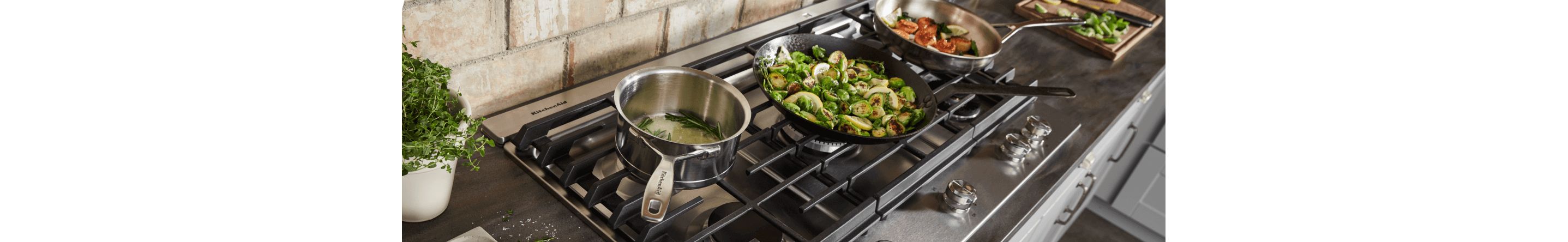 Pots and pans on a cooktop