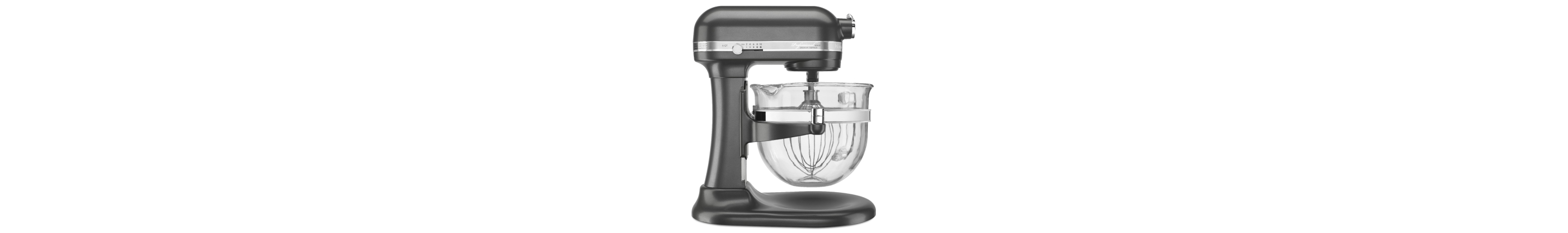 Side profile of large pewter-colored bowl-lift stand mixer for expert bakers